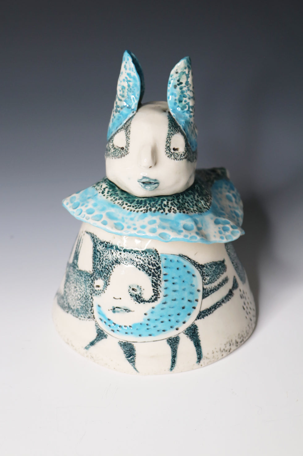 Original Hand Built Collectable Porcelain Sculpture "Azure Watcher"