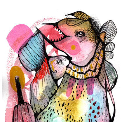 Colorful illustration of a character with a fish and abstract elements