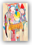 Colorful abstract artwork of two figures on a wooden panel