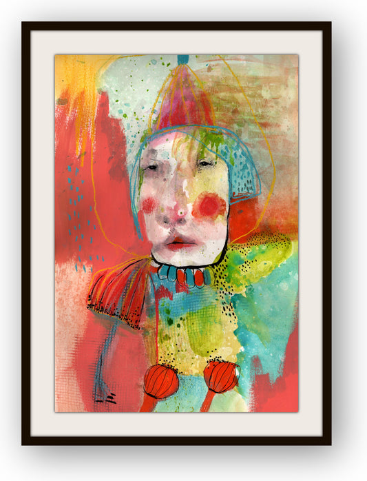 Colorful abstract painting of a clown with a black frame