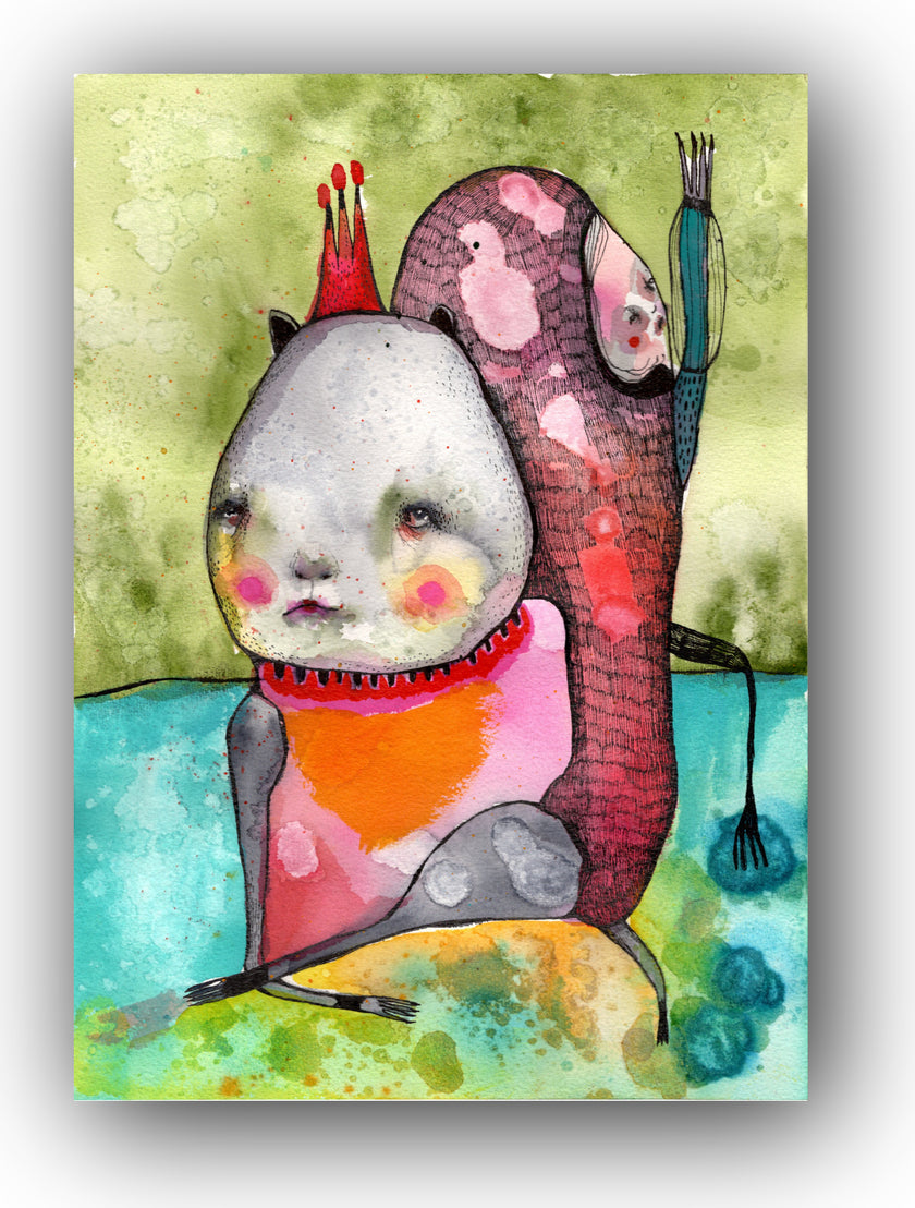 Colorful abstract painting of a creature with a red crown and multicolored body on a textured green background.