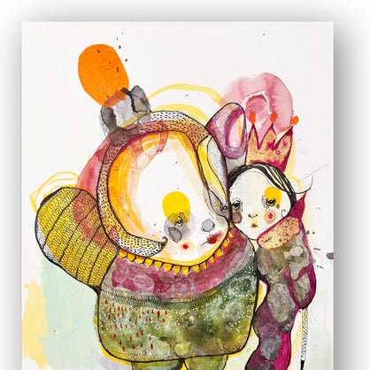 Colorful illustration of two characters holding hands on a white background